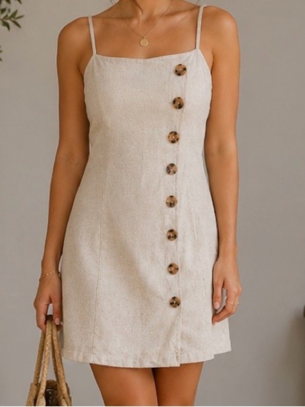 Lulus Beige Linen Blend Button Front Mini Dress Medium